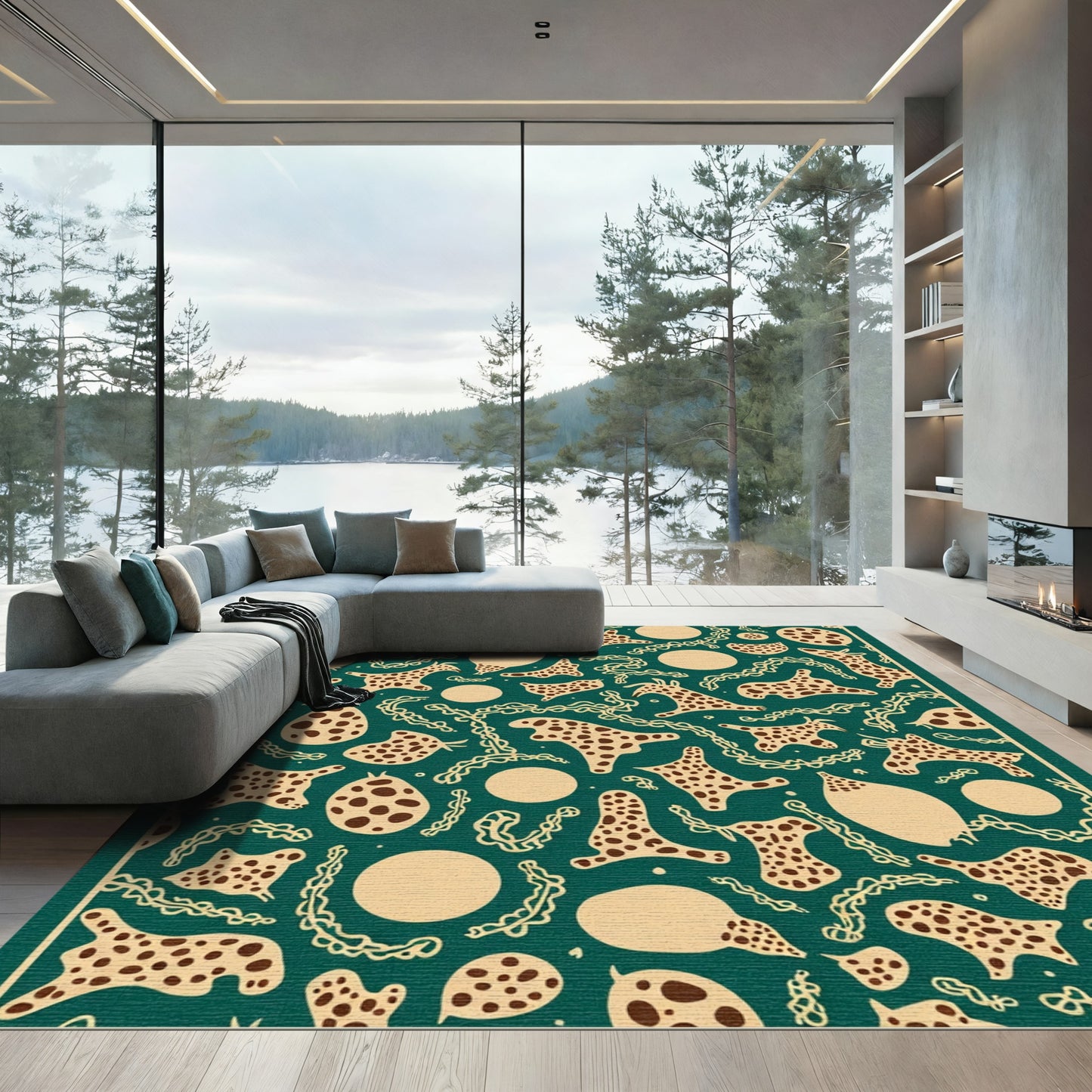 Deep Teal Cream Animal Blob Scatter Rug