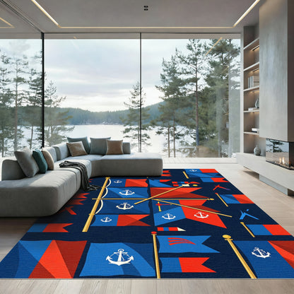 Nautical Anchor Blue Red Geometric Flag Rug