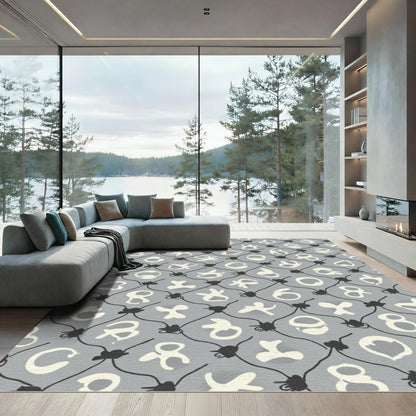Gray Off White Abstract Symbol Grid Rug
