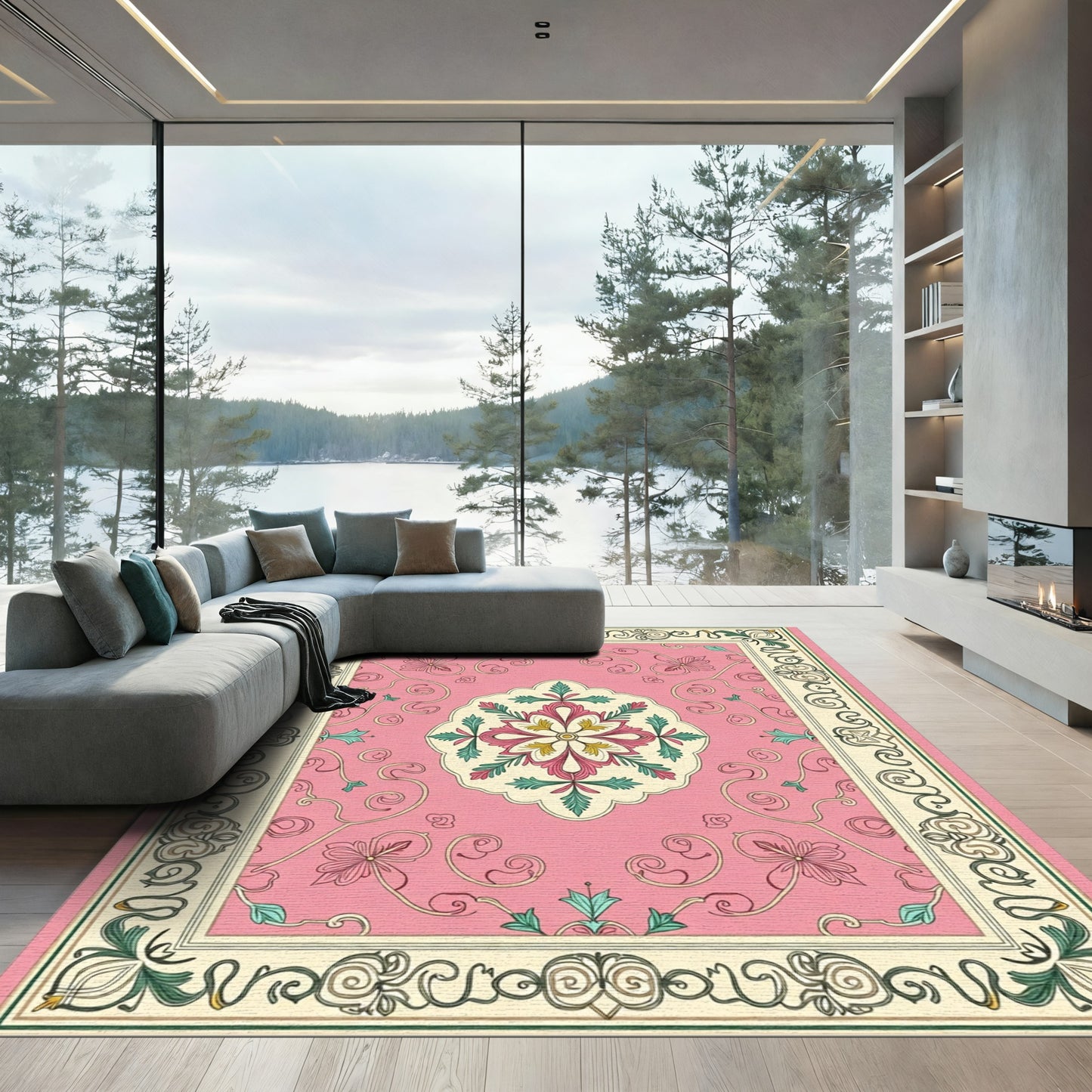 Pink Golden Floral Medallion Border Rug