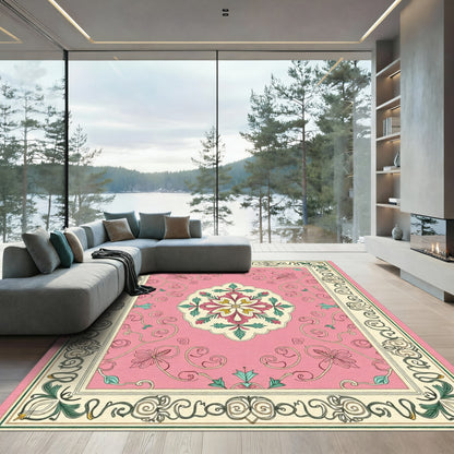 Pink Golden Floral Medallion Border Rug