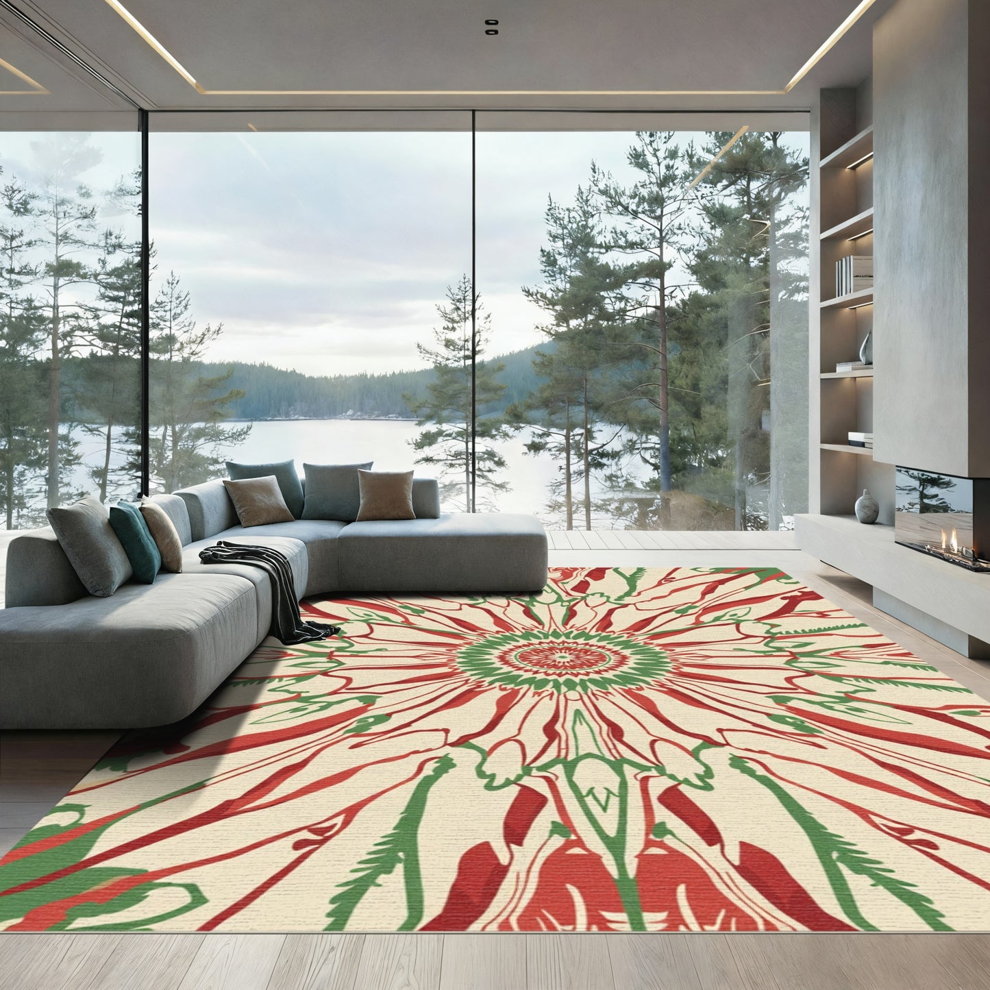 Crimson Green Sunburst Abstract Rug