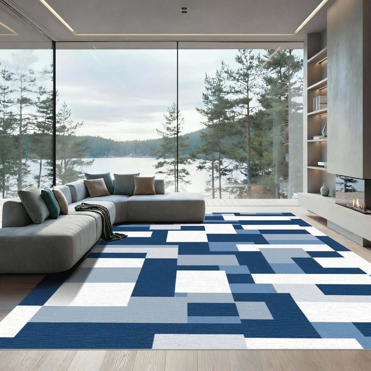 Modern Blue Abstract Geometric Blocks Rug