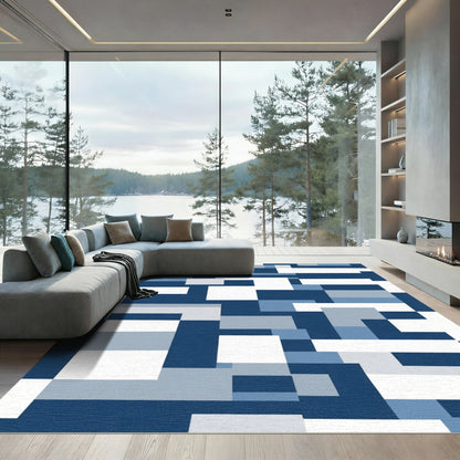 Modern Blue Abstract Geometric Blocks Rug