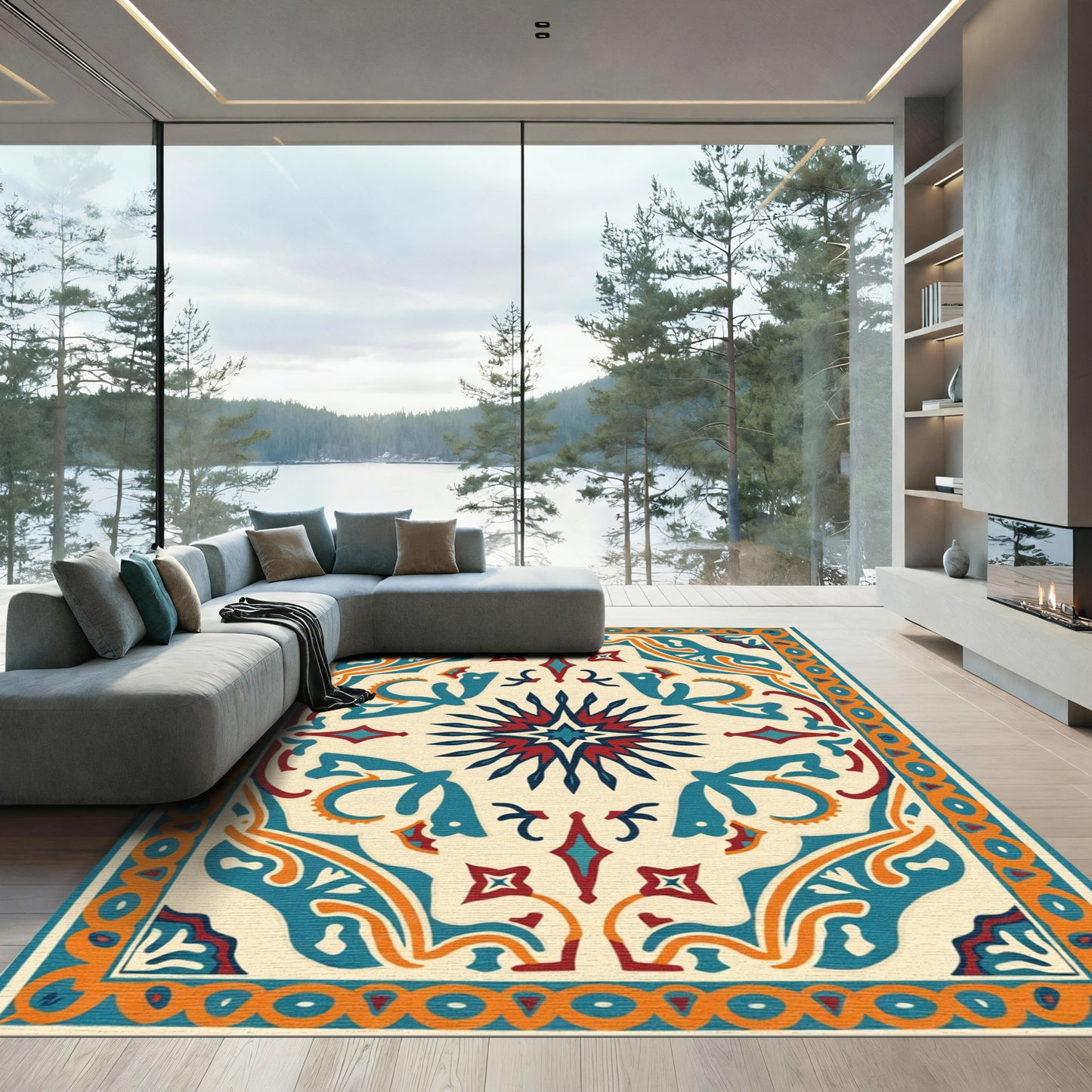 Aqua Crimson Sunburst Geometric Medallion Rug