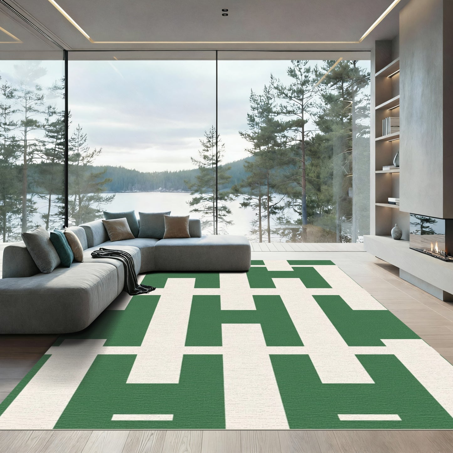 Green White Repeating Geometric Abstract Rug