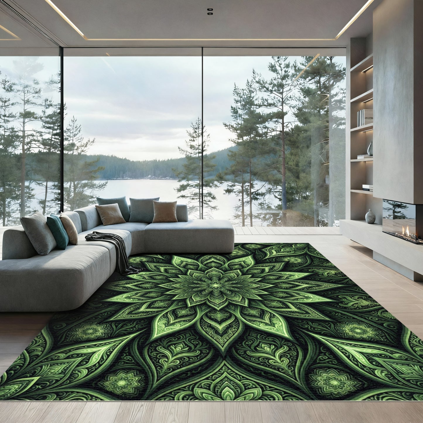 Emerald Green Intricate Floral Mandala Rug
