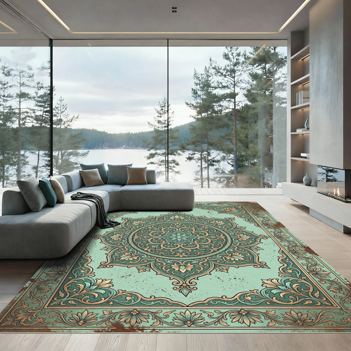 Vintage Mint Floral Mandala Medallion Rug