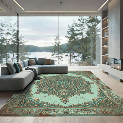 Vintage Mint Floral Mandala Medallion Rug