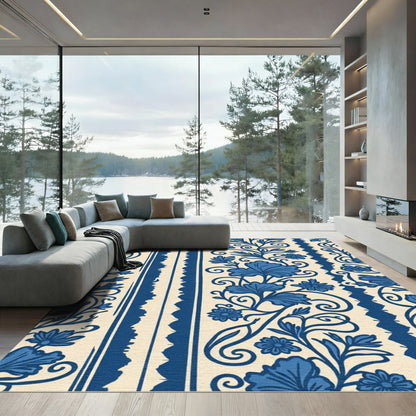 Blue Floral Scroll Swirl Medallion Rug