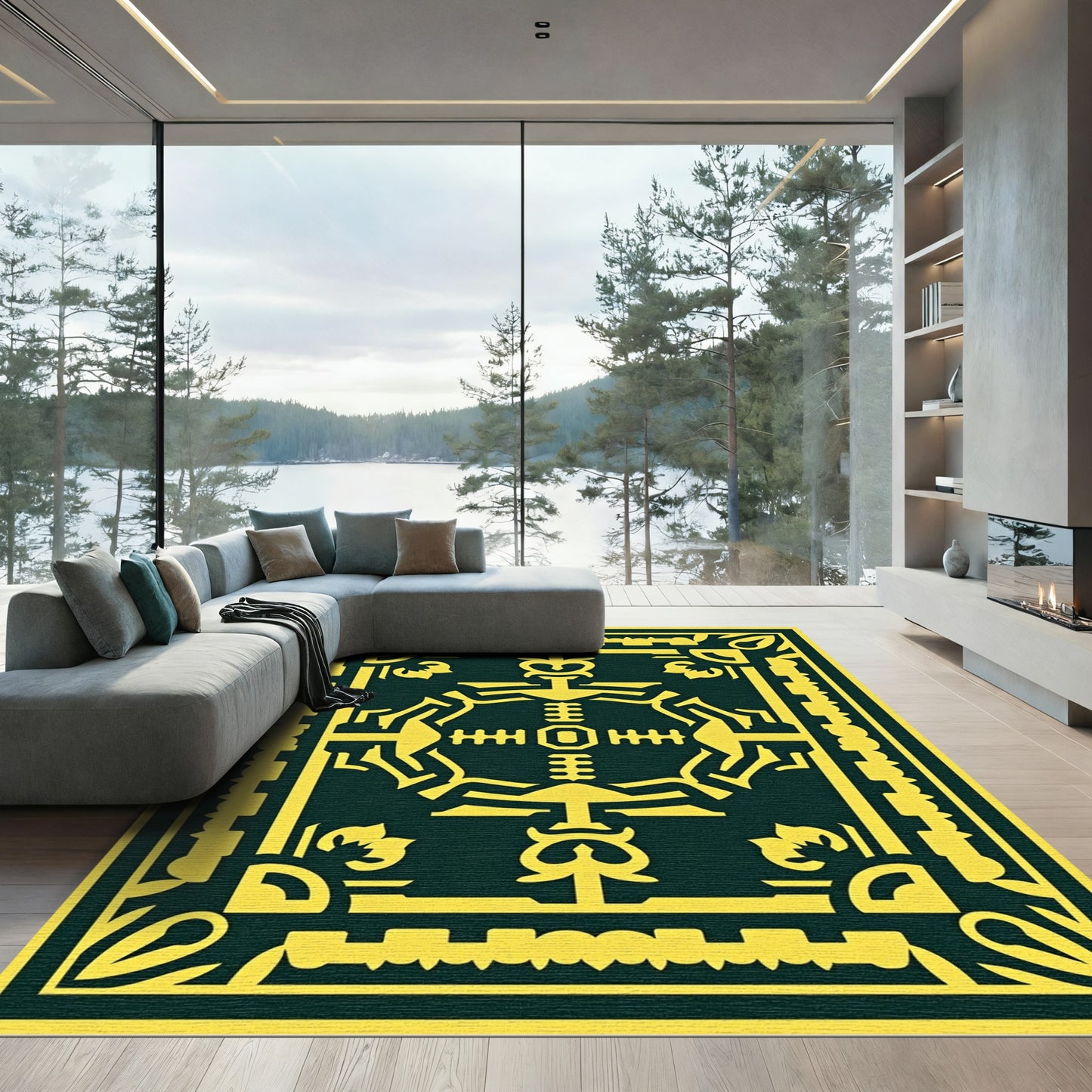 Bold yellow symbolic medallion dark green Rug