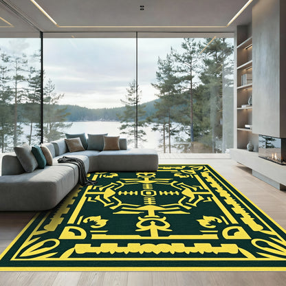 Bold yellow symbolic medallion dark green Rug