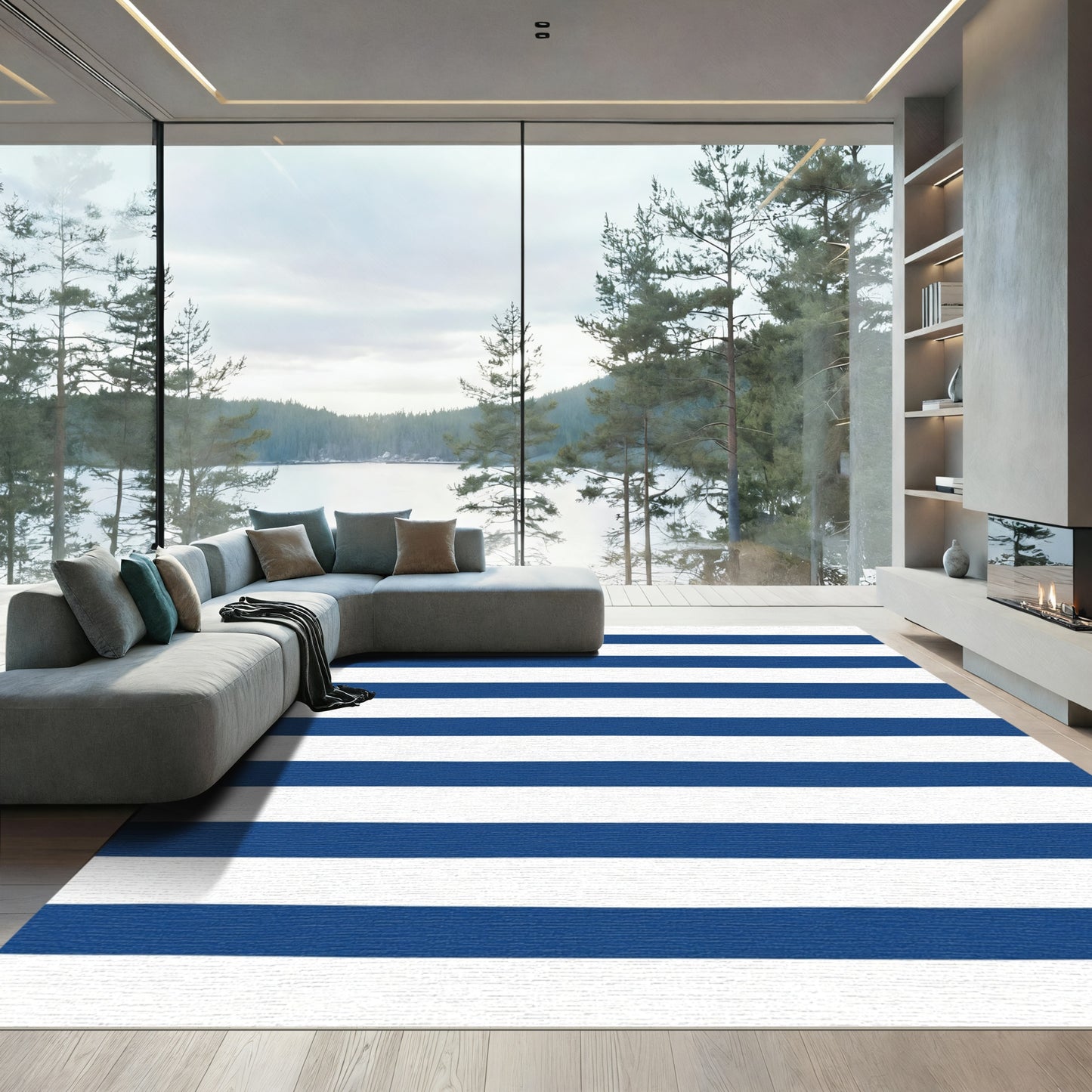 Bold Navy White Horizontal Lines Rug