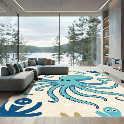 Aqua Playful Octopus Underwater Scene Rug