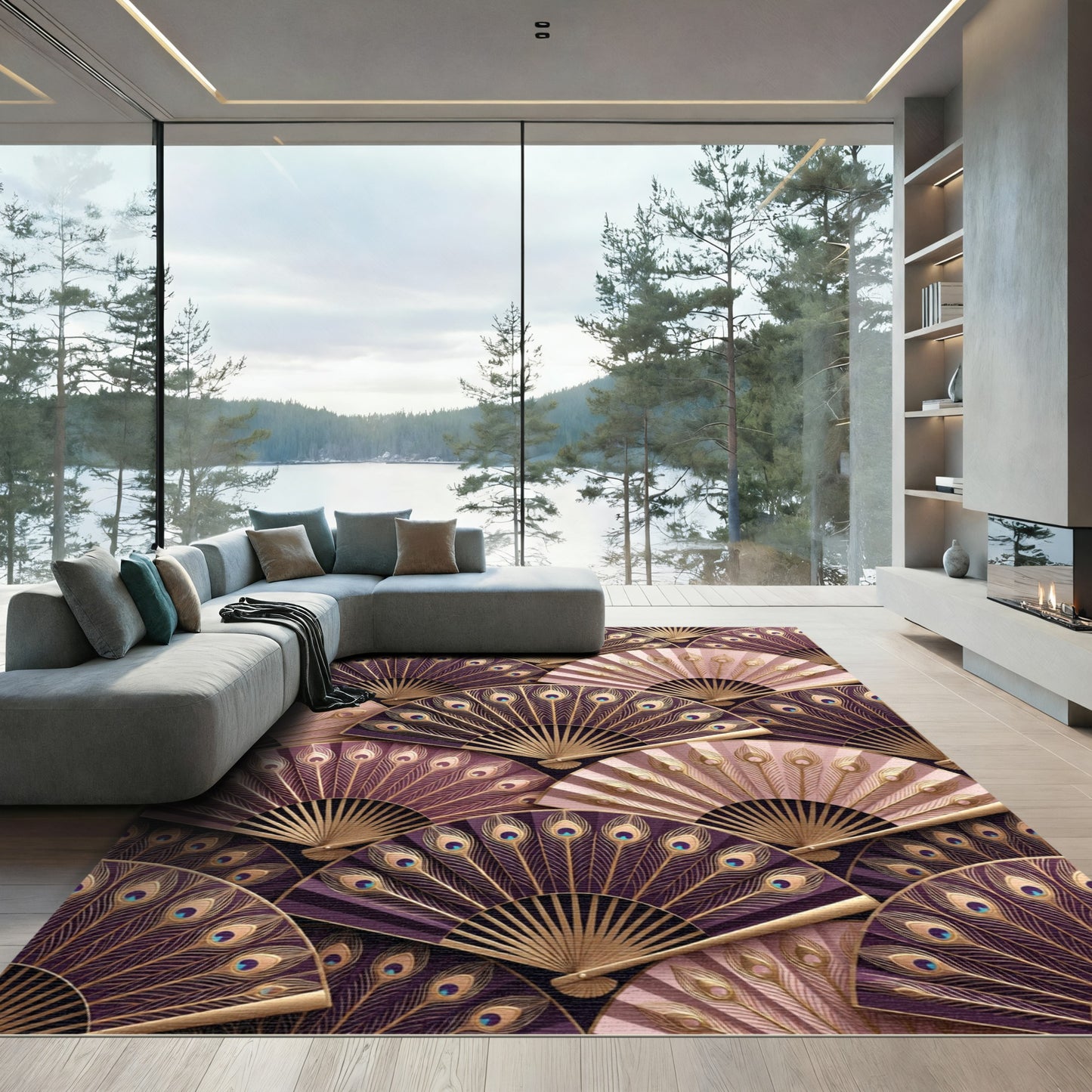 Dazzling Plum Gold Peacock Fan Rug