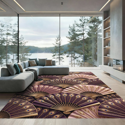 Dazzling Plum Gold Peacock Fan Rug