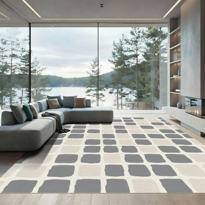 Muted Gray Beige Checkerboard Squares Rug