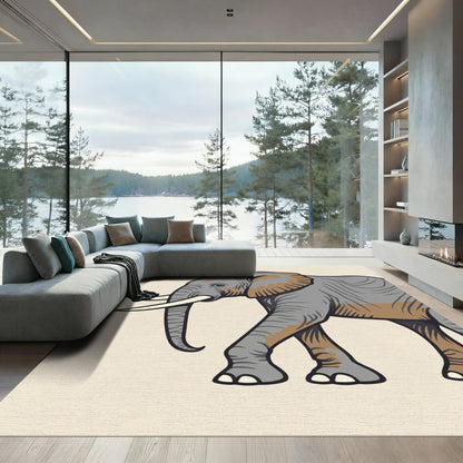 Majestic Gray Elephant Walking On Parchment Rug