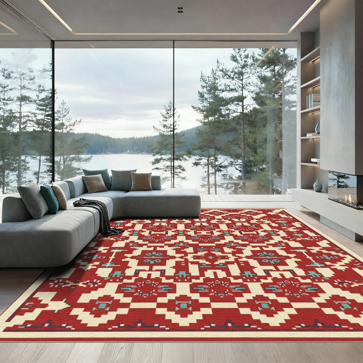 Folk Red Teal Geometric Square Medallion Rug