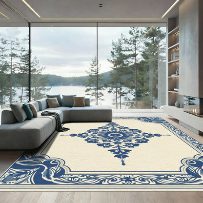 Blue Floral Medallion Cream Border Rug