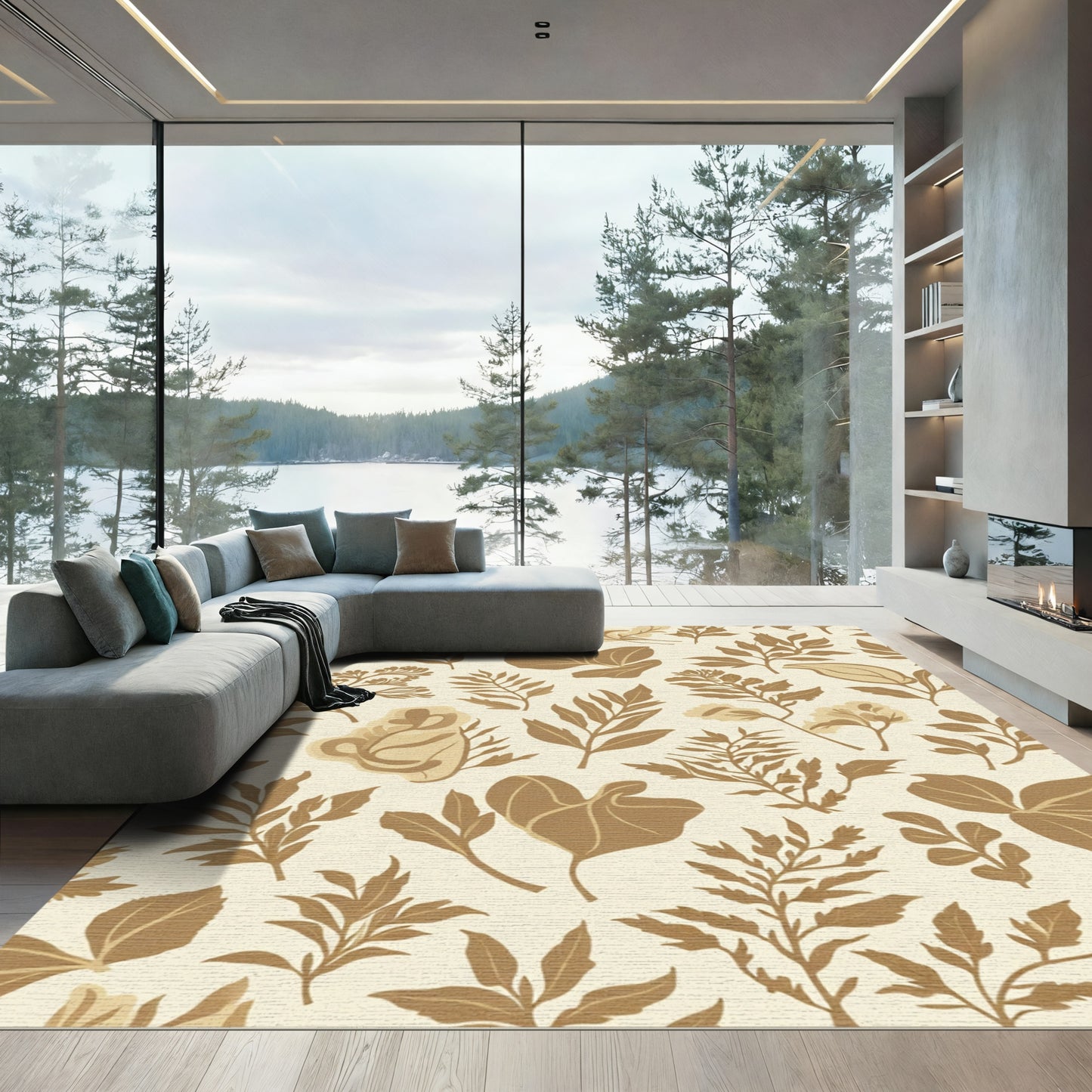 Neutral Earthy Botanical Leaf Arrangement Rug