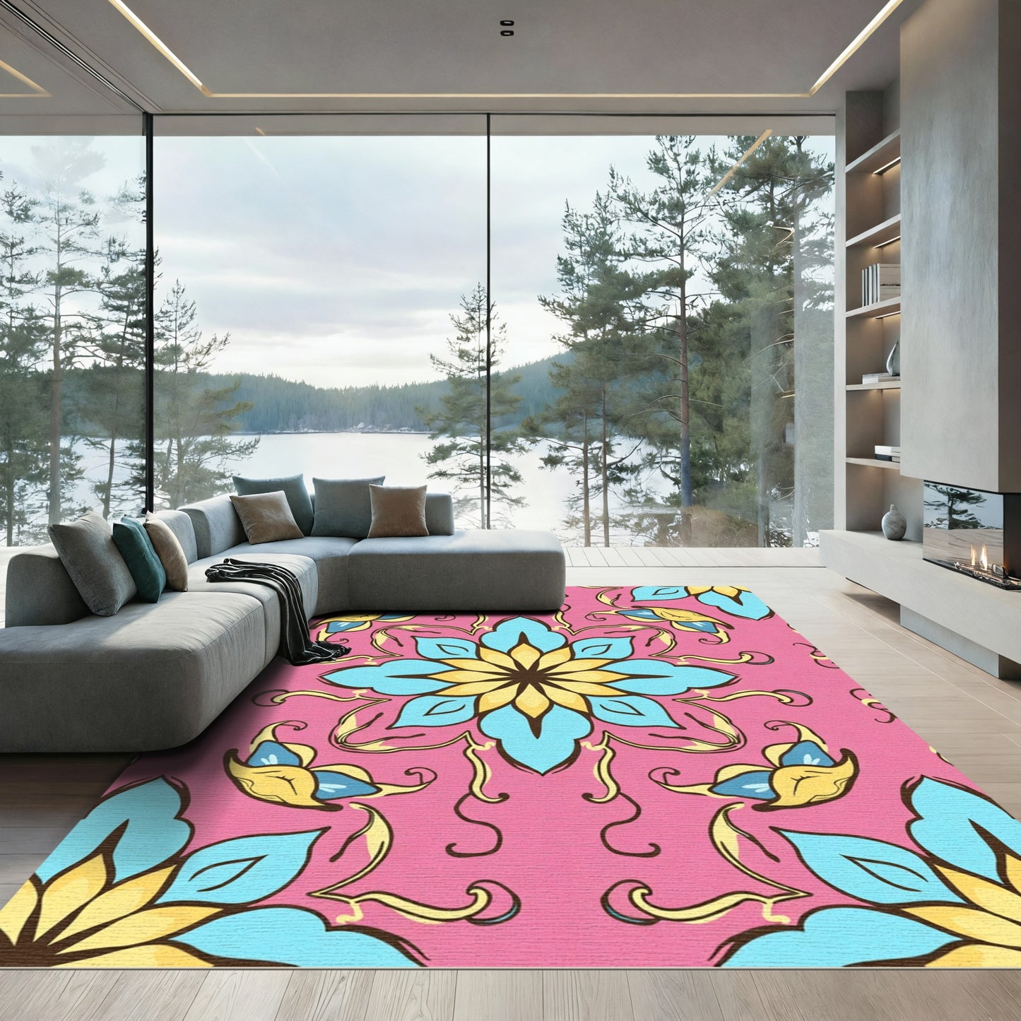 Pink Floral Medallion With Blue Yellow Accents Rug