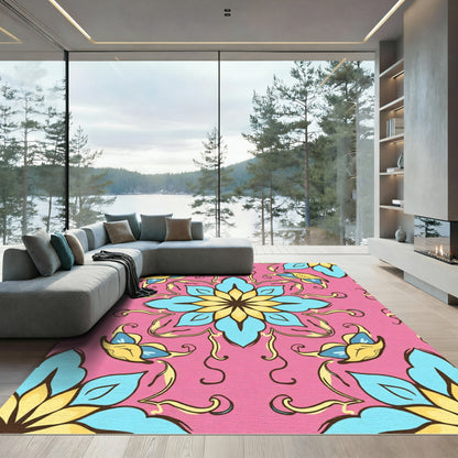 Pink Floral Medallion With Blue Yellow Accents Rug