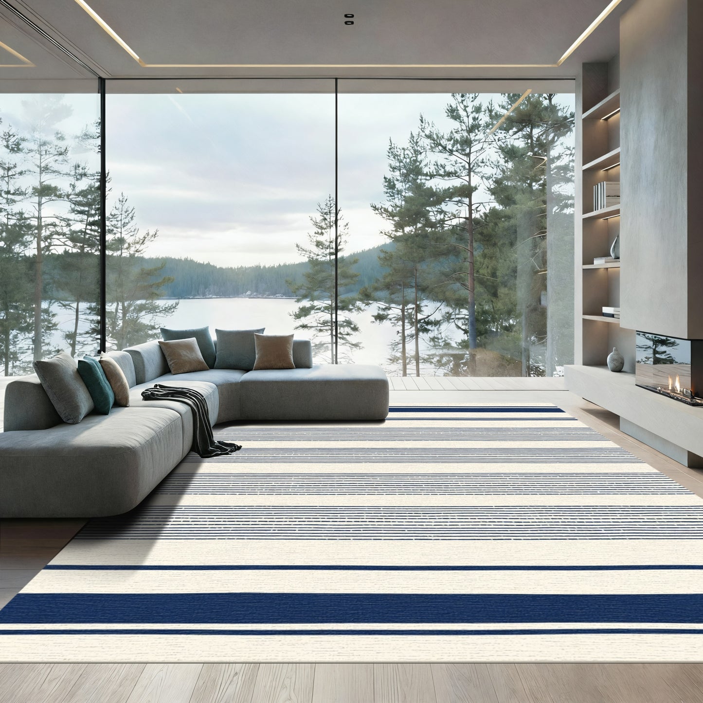 Classic Navy And Cream Striped Rug