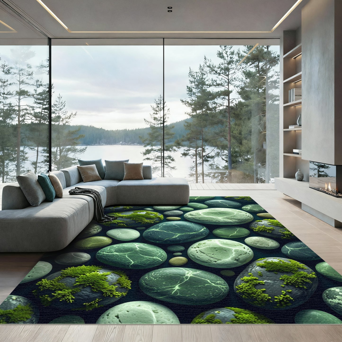 Textured Green Leafy Stone Collection Rug