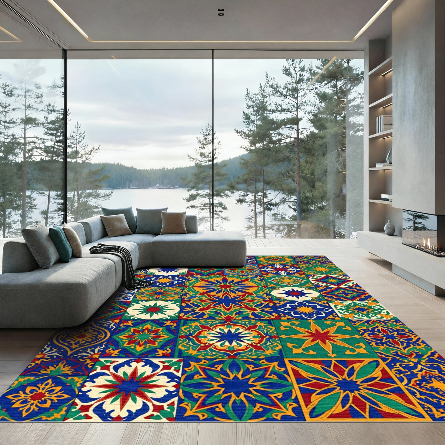 Colorful Royal Blue Medallion Mosaic Rug