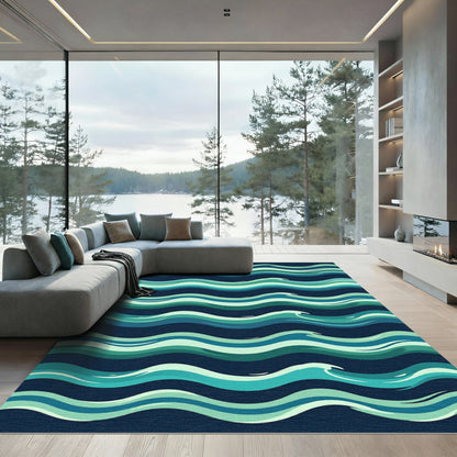 Modern Teal Blue Wavy Ocean Layers Rug