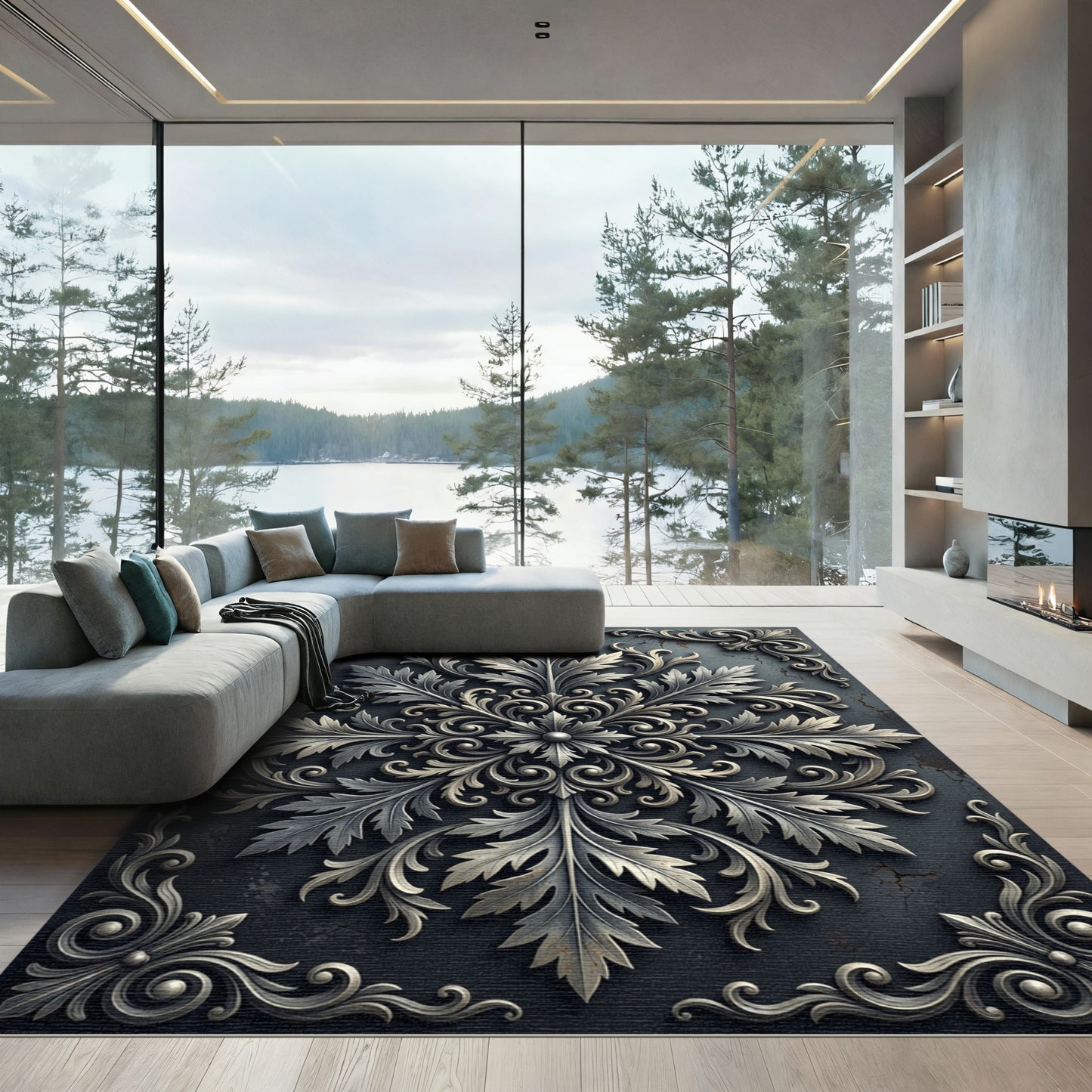 Ornate Antique Silver Botanical Medallion Rug