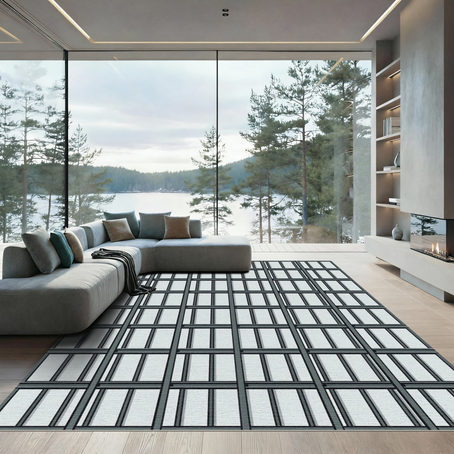 Contemporary Charcoal Grid Linear Structure Rug