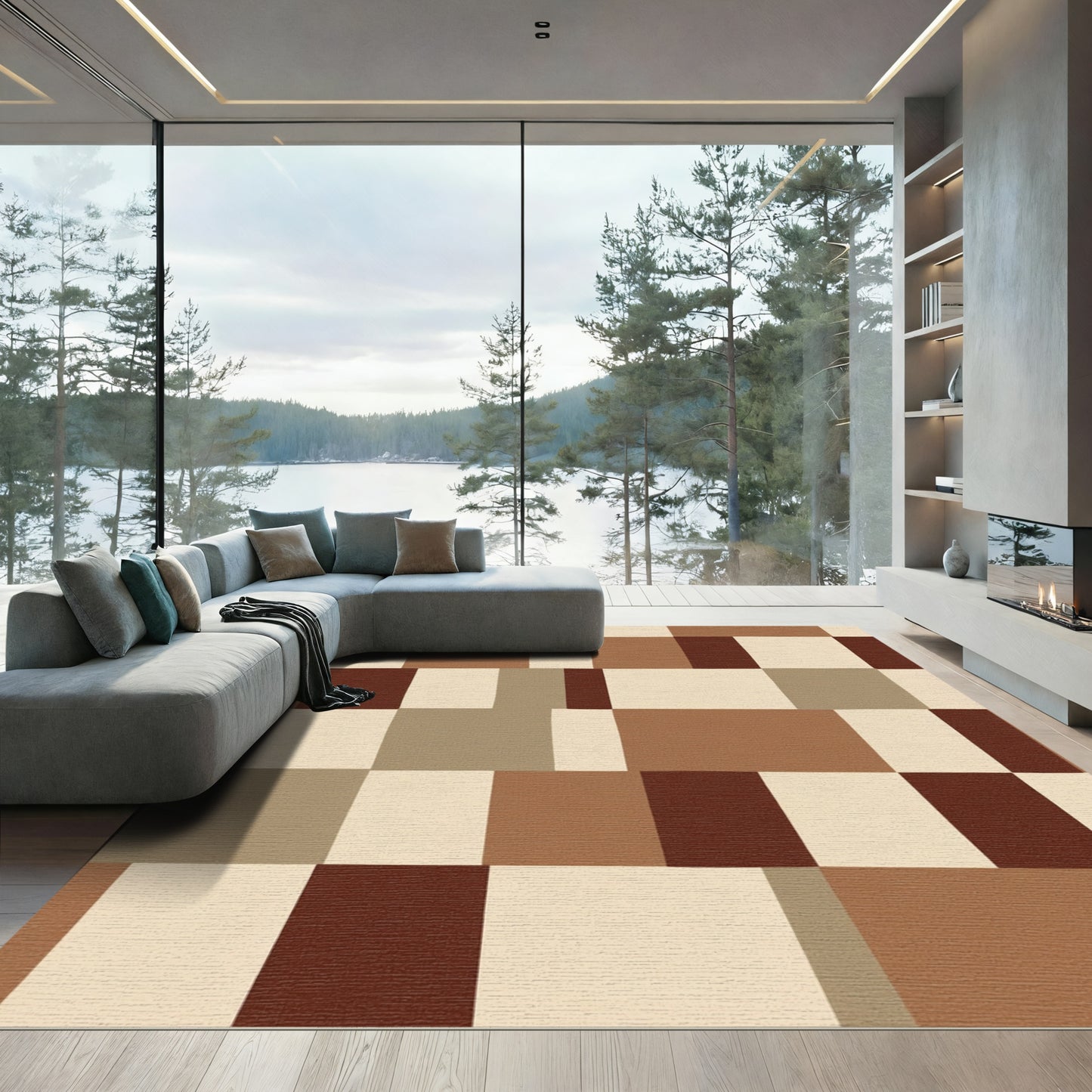 Terracotta Cream Earthy Brown Squares Rug
