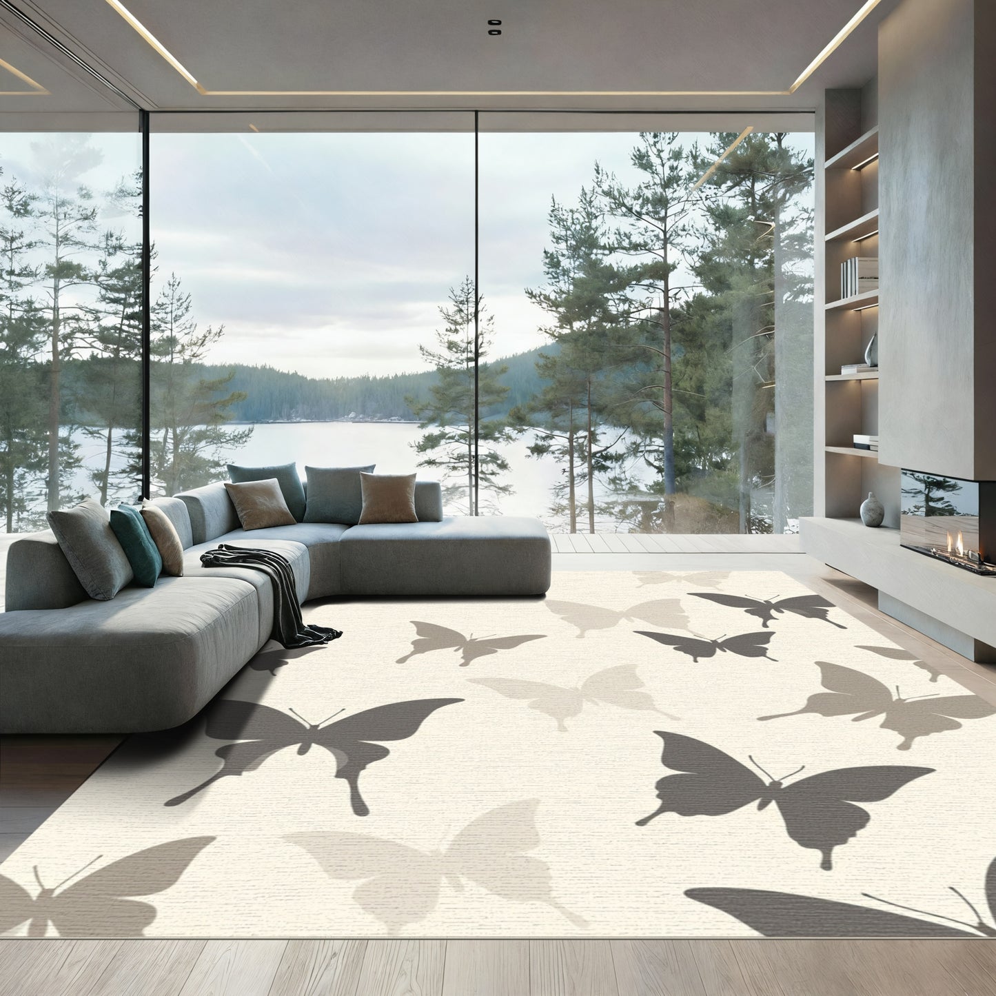 Whimsical Gray Butterfly Garden Rug