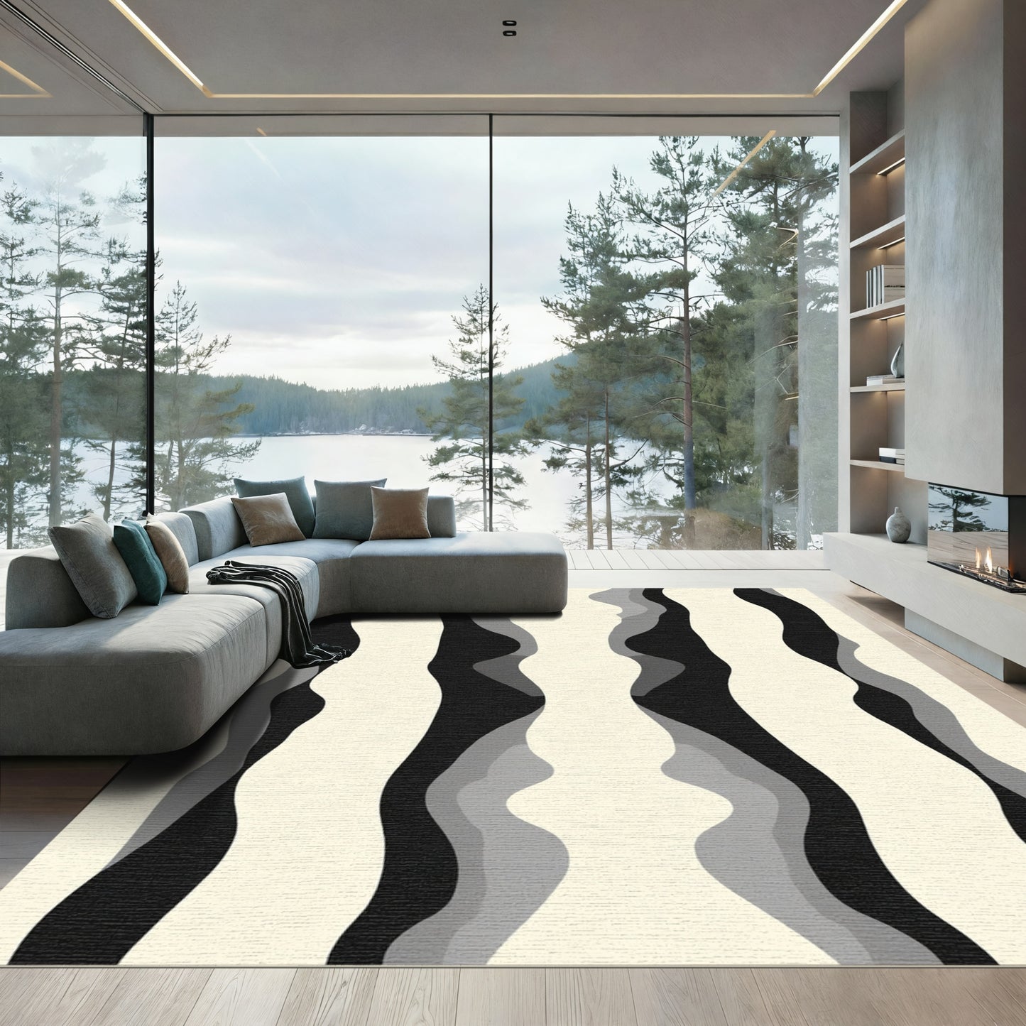 Abstract Cream Black Gray Wavy Stripes Rug