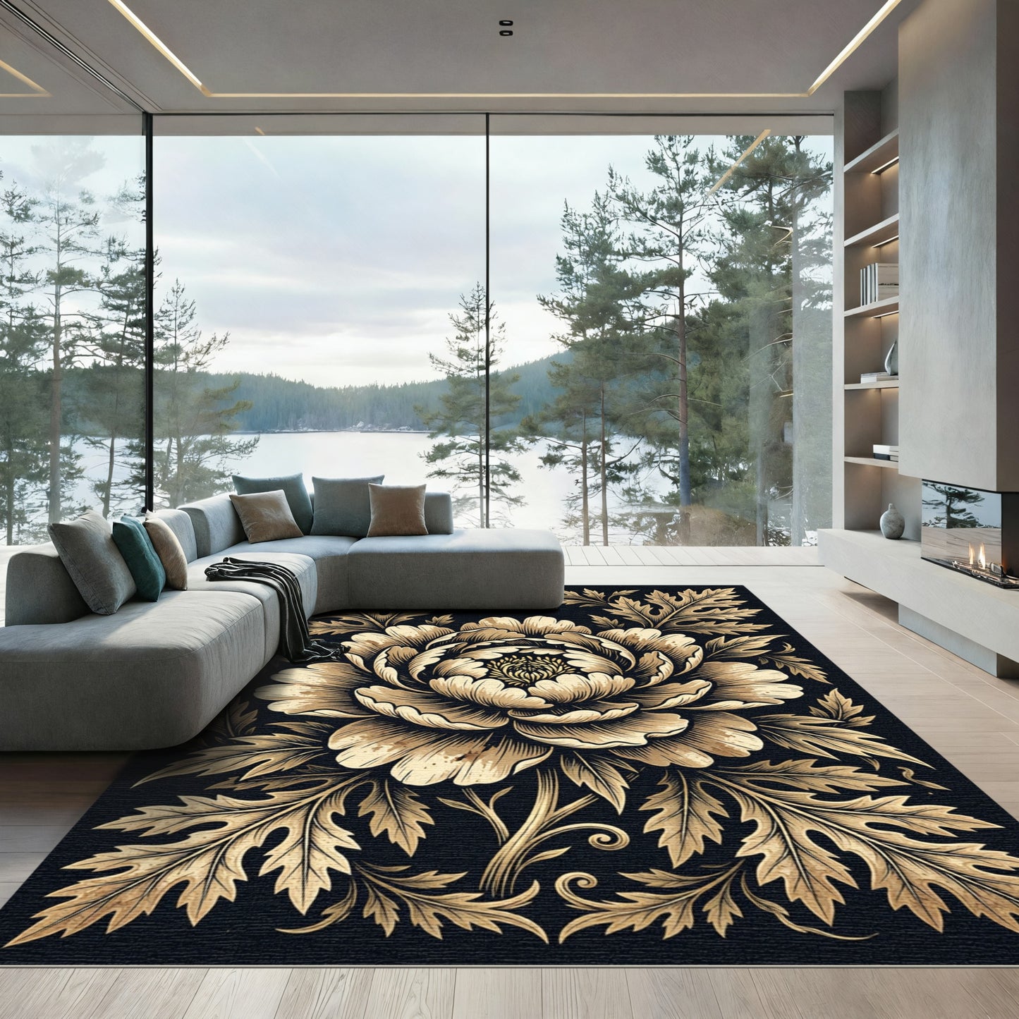 Gold Peony Floral Scroll Area Rug