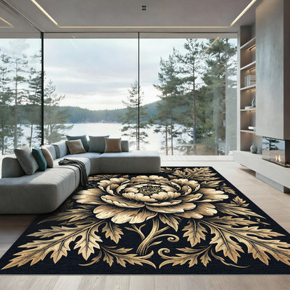 Gold Peony Floral Scroll Area Rug