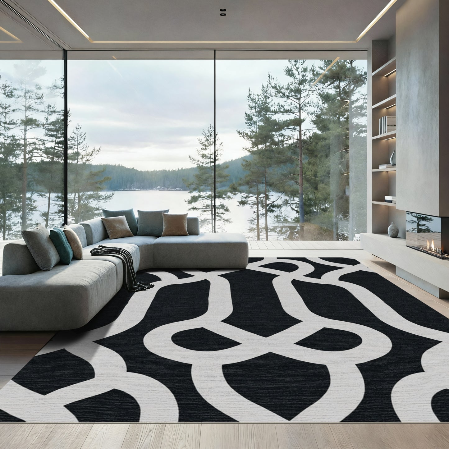 Modern Black White Interlocking Geometric Rug