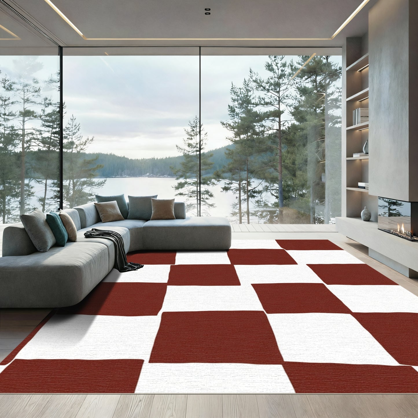 Classic Brown White Checkerboard Squares Rug