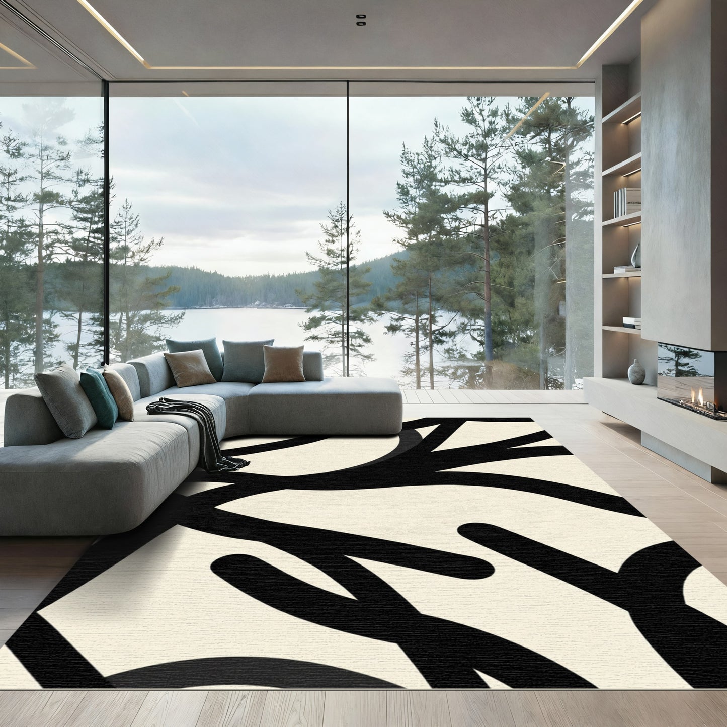 Modern Black Swirl Abstract Rug