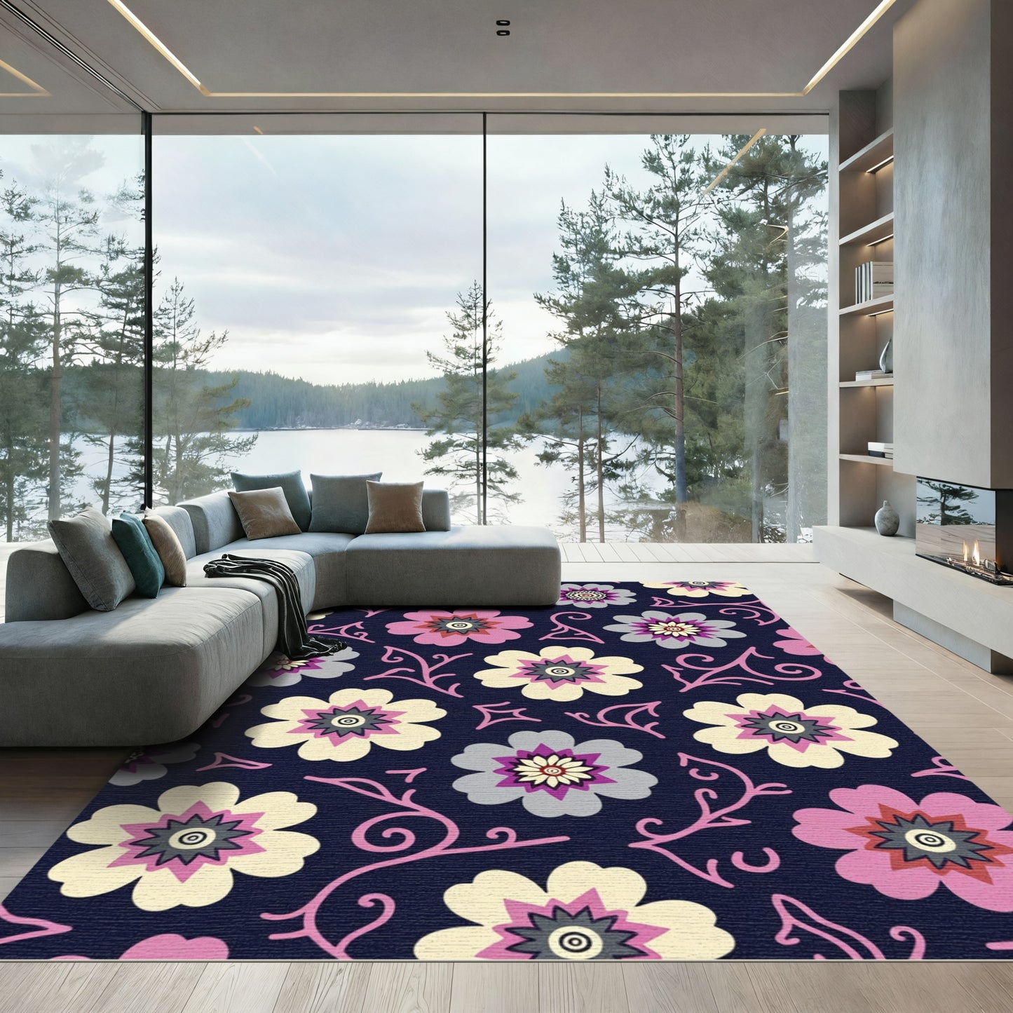 Pink Floral Medallions Navy Background Rug