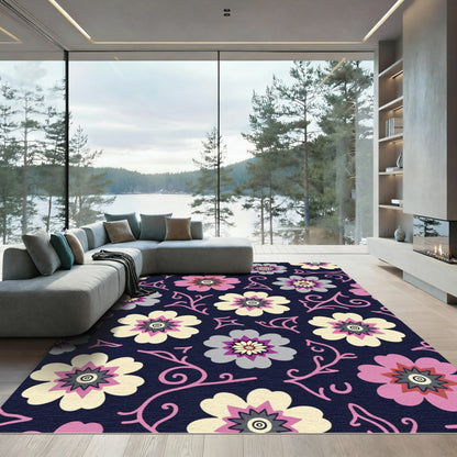 Pink Floral Medallions Navy Background Rug