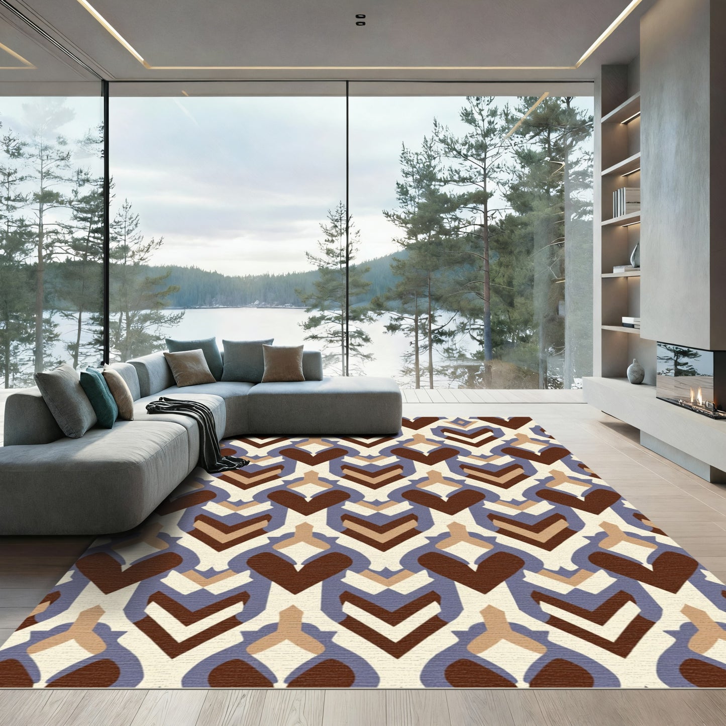 Brown Blue Cream Art Deco Overlay Rug