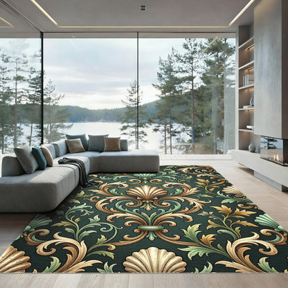 Elegant Sage and Gold Baroque Shell Rug