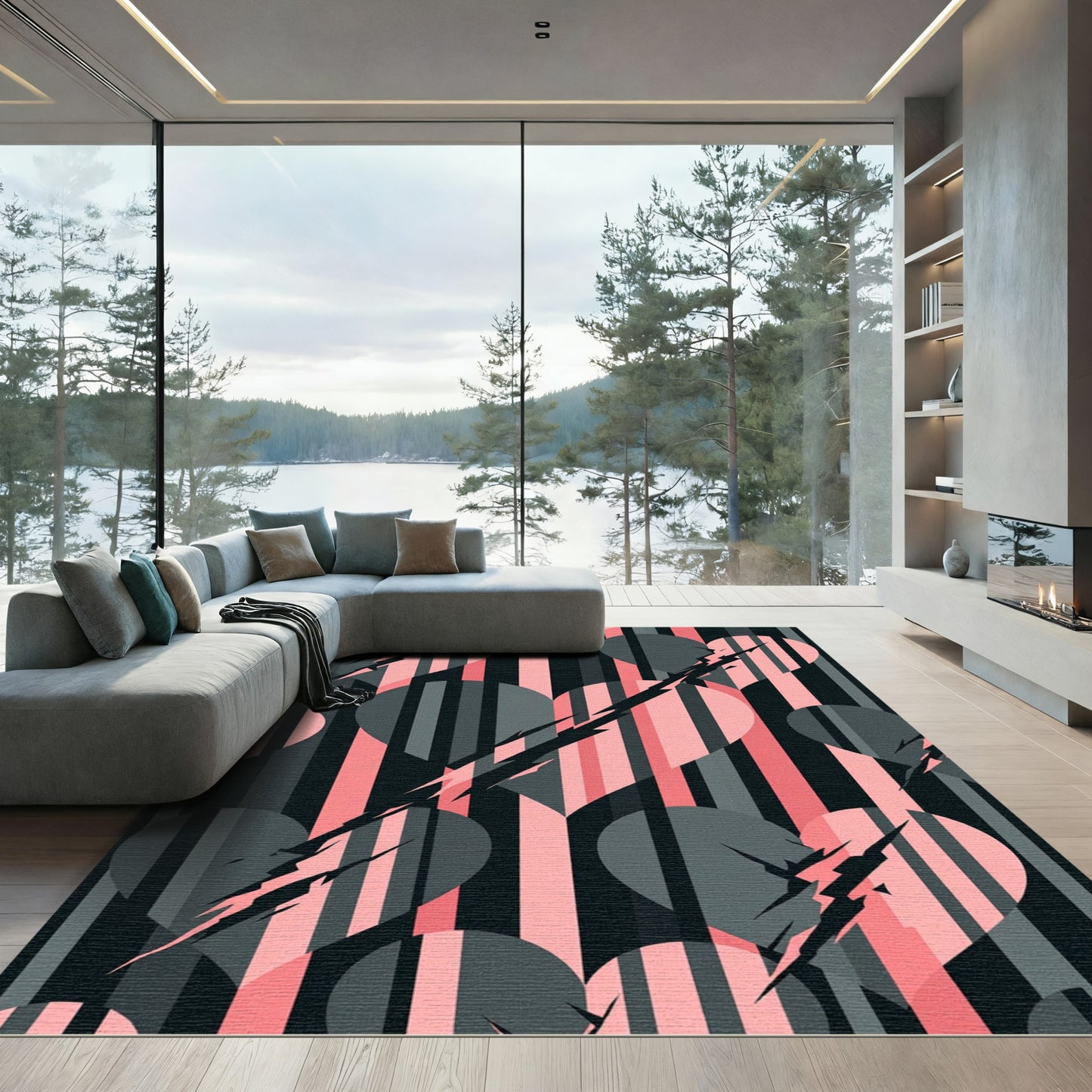 Pink Gray Heart Stripe Texture Rug