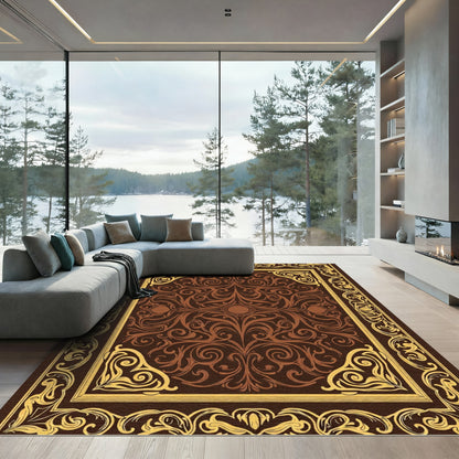 Rich Brown Gold Filigree Border Rug