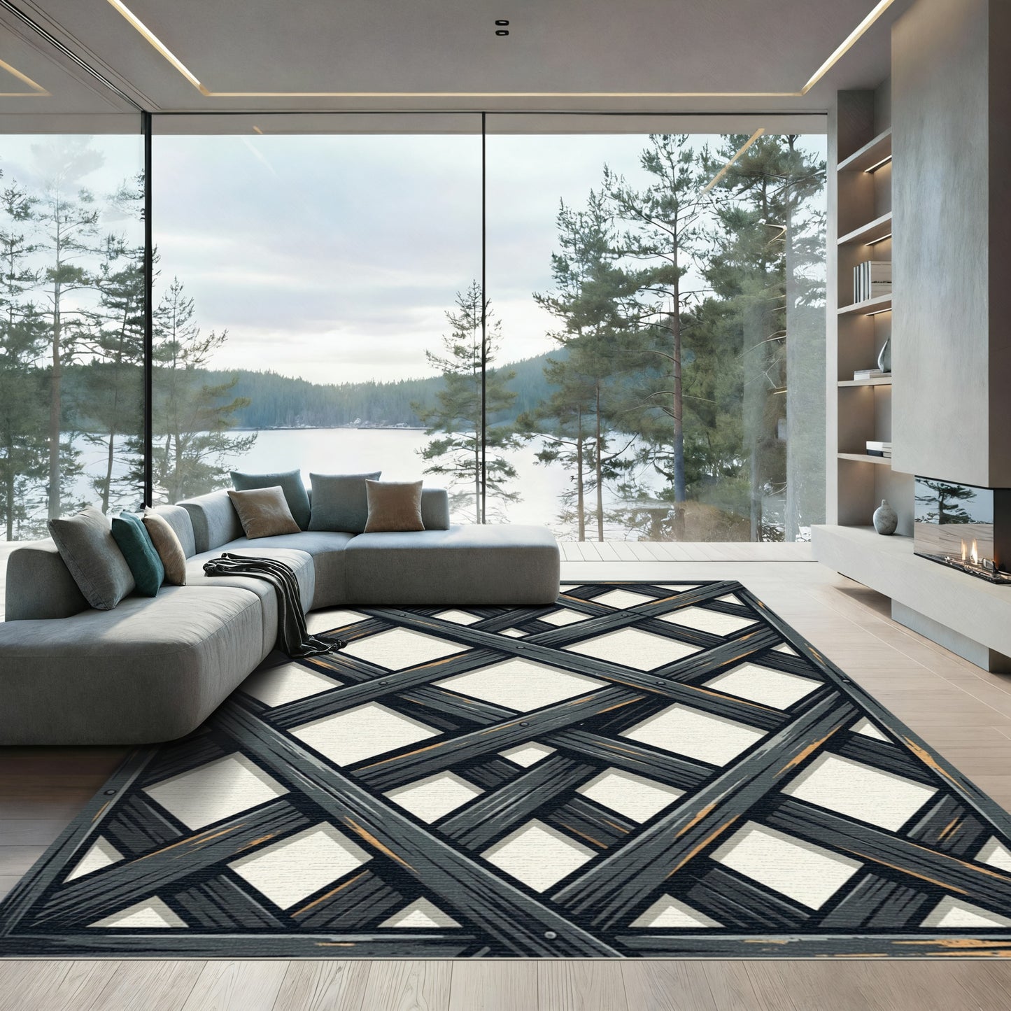 Dark Gray Woven Lattice Texture Rug