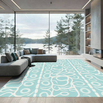 Aqua Blue Abstract Vine Scroll Rug