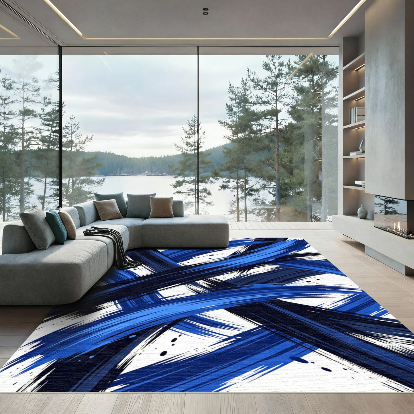 Abstract Navy and Azure Stroke Rug